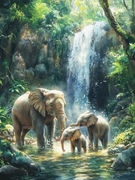 Diamond Painting Elefantenfamilie am Wasserfall